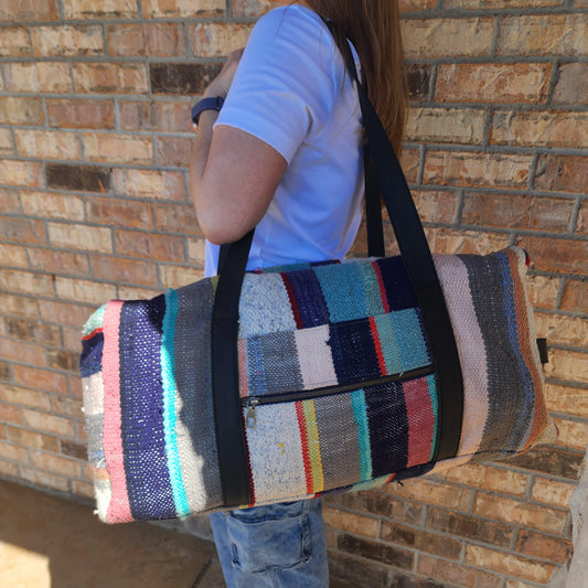 Vintage Moroccan Handwoven Blanket Duffle Bag - Upcycled Weekender Travel Luggage Tote