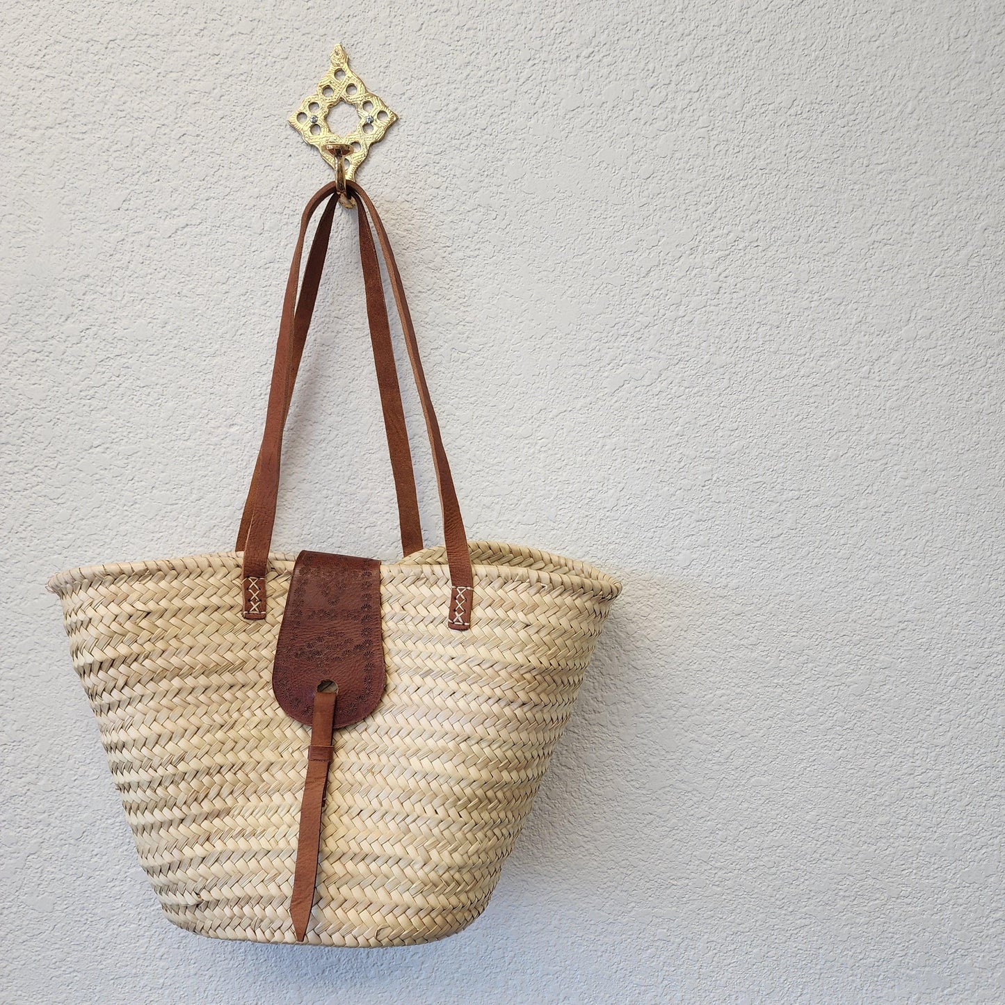 Handcrafted Moroccan Woven Market Basket with Leather Straps - Large Size Shopping Tote for Farmers Markets, French style market tote