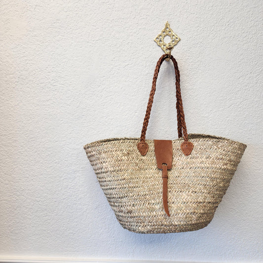 Handcrafted Moroccan Woven Market Basket with Leather Straps - Large Size Shopping Tote for Farmers Markets, French style market tote