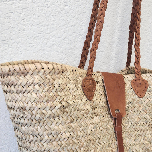 Handcrafted Moroccan Woven Market Basket with Leather Straps - Large Size Shopping Tote for Farmers Markets, French style market tote