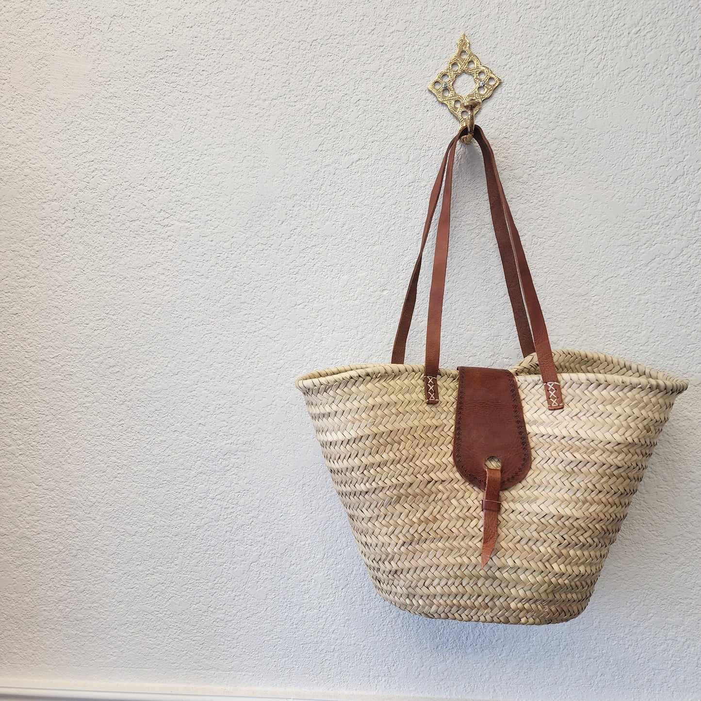 Handcrafted Moroccan Woven Market Basket with Leather Straps - Large Size Shopping Tote for Farmers Markets, French style market tote