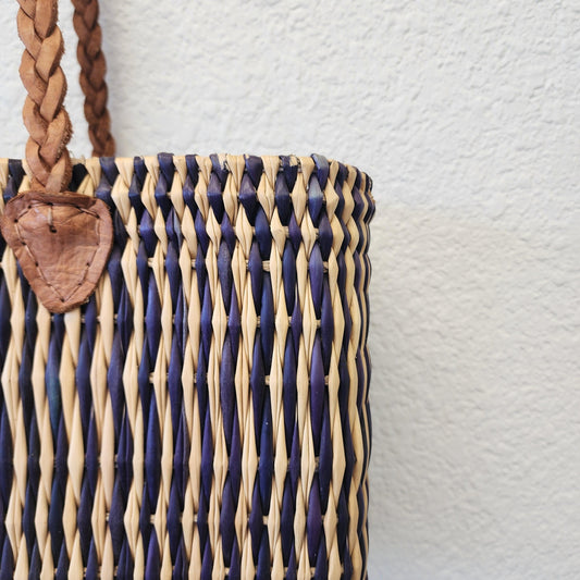 Vibrant Handwoven Moroccan Reed Basket - Essaouira Crafted Farmers Market Tote - African Shopping Carrier