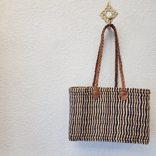 Vibrant Handwoven Moroccan Reed Basket - Essaouira Crafted Farmers Market Tote - African Shopping Carrier