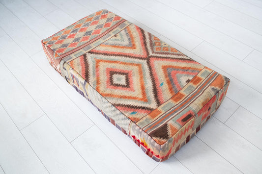 Colorful Moroccan Floor Pouf, Upcycled Kilim Rug, Unique Pet Bed for dogs or cats,