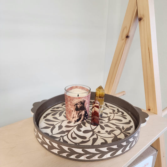Handpainted Moroccan Floral Tray: Taupe Wooden Decorative Serving Platter, Artisan-Crafted Candle Holder