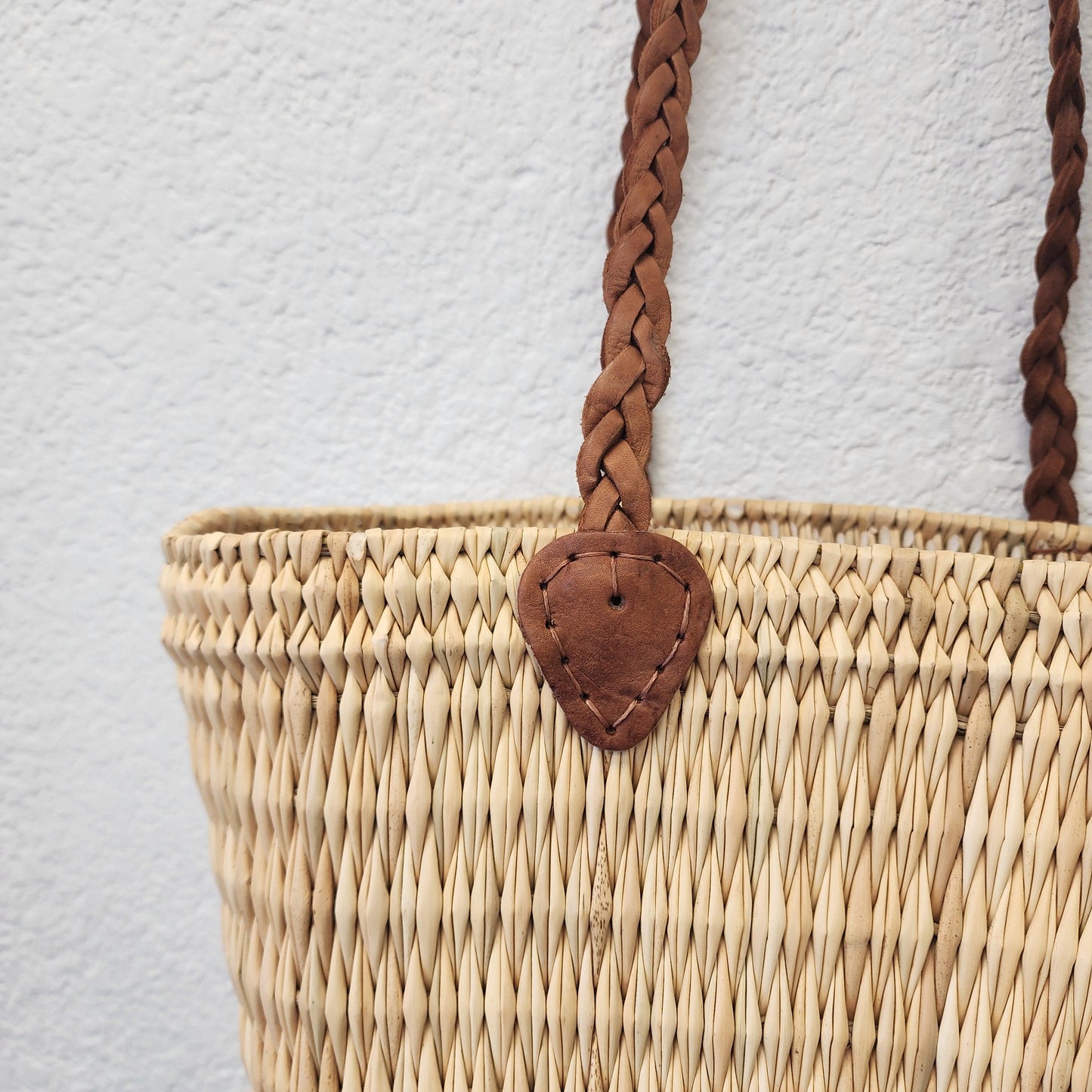 Handcrafted Moroccan Woven Market Basket with Leather Straps - Medium Size Shopping Tote for Farmers Markets, French style market tote