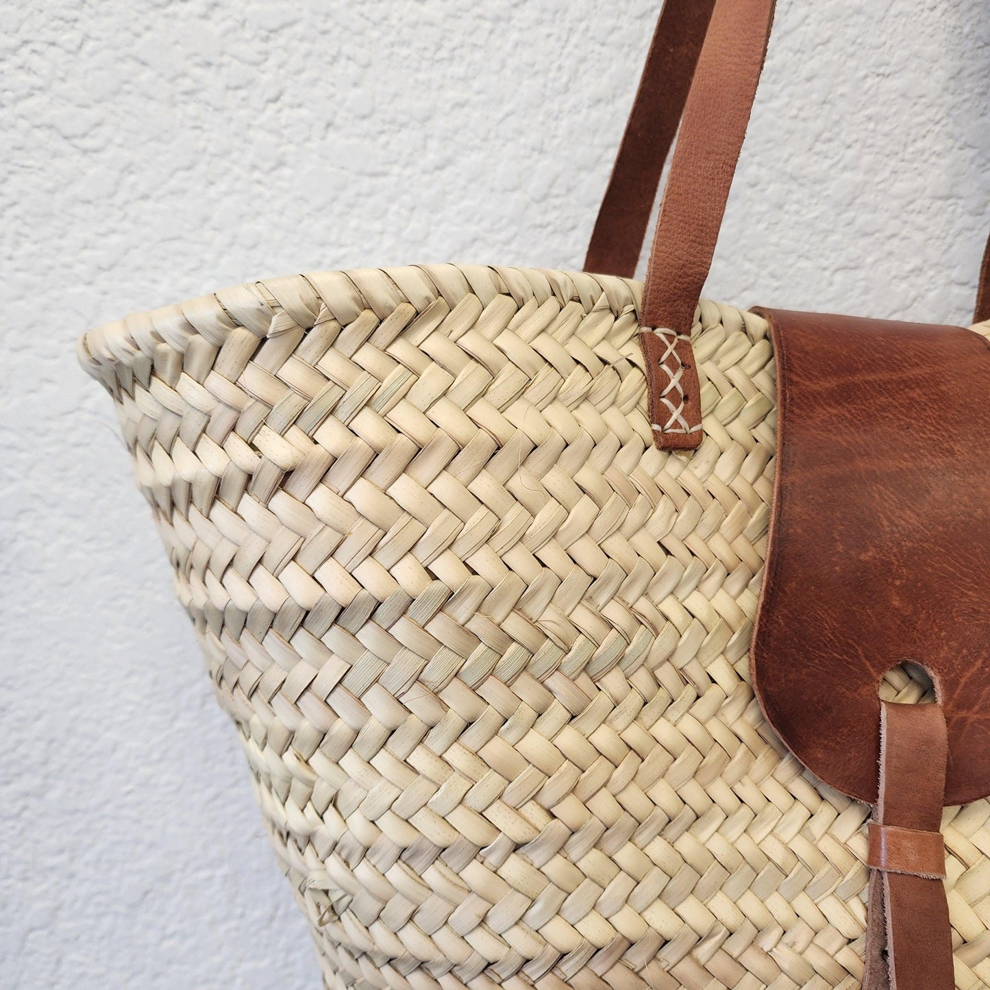 Handcrafted Moroccan Woven Market Basket with Leather Straps - Large Size Shopping Tote for Farmers Markets, French style market tote