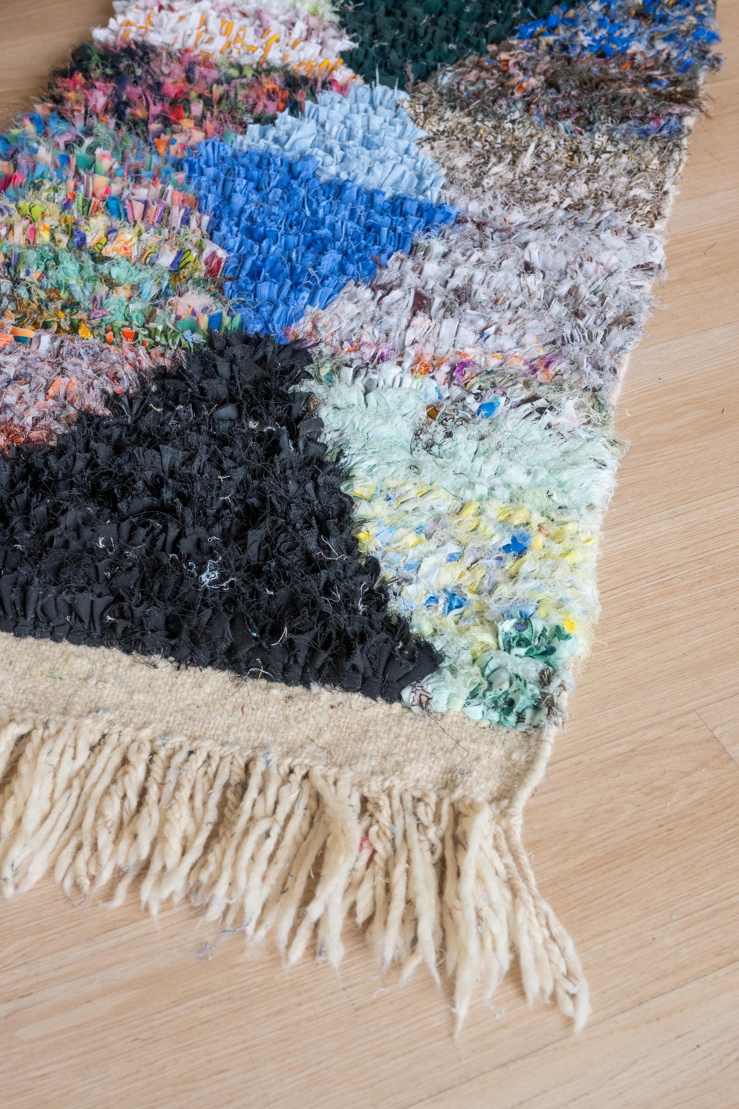 Vibrant Moroccan Boucherouite Accent Rug: Handwoven Bohemian Floor Art for Eclectic Home Decor