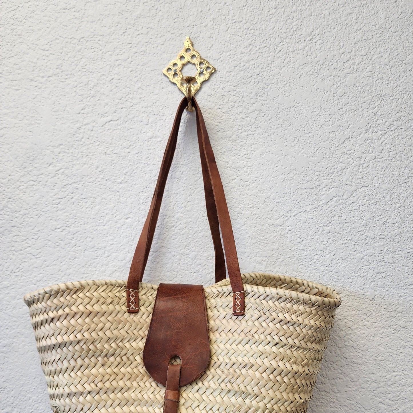 Handcrafted Moroccan Woven Market Basket with Leather Straps - Large Size Shopping Tote for Farmers Markets, French style market tote