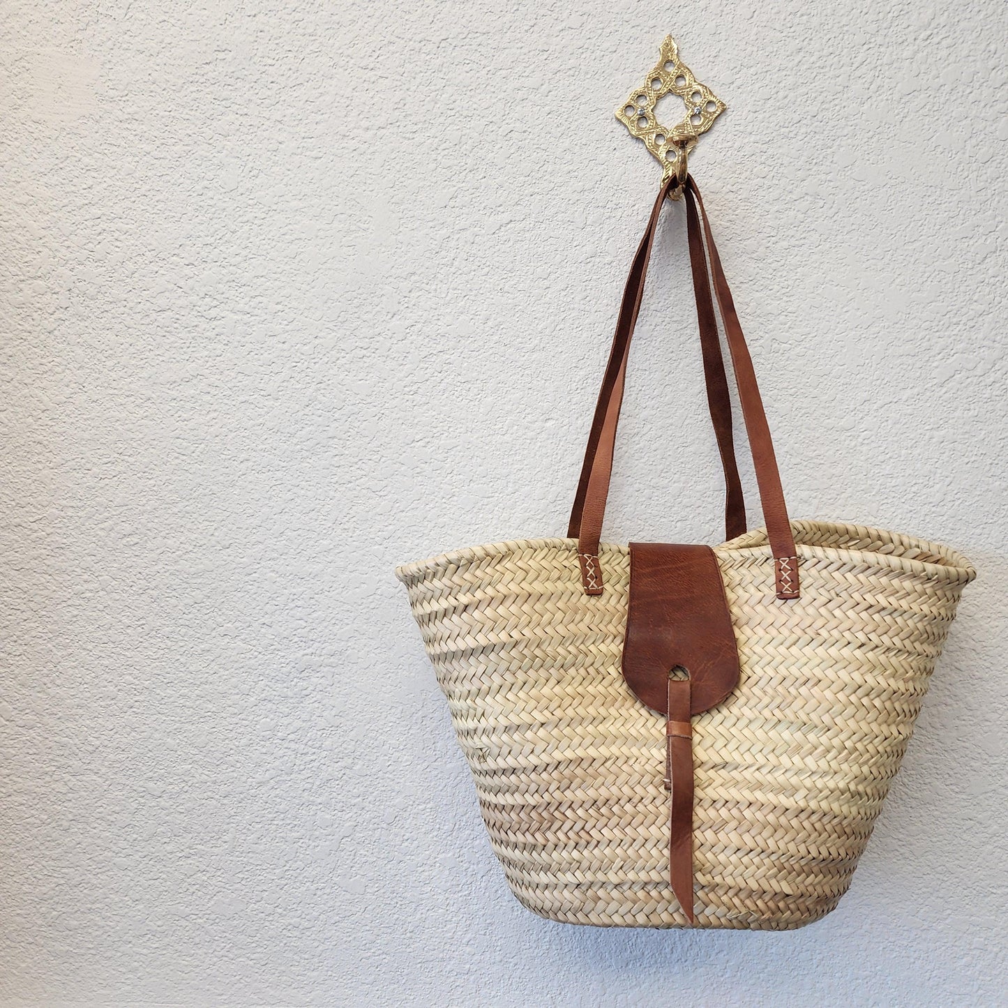 Handcrafted Moroccan Woven Market Basket with Leather Straps - Large Size Shopping Tote for Farmers Markets, French style market tote
