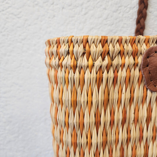 Vibrant Handwoven Moroccan Reed Basket - Essaouira Crafted Farmers Market Tote - African Shopping Carrier