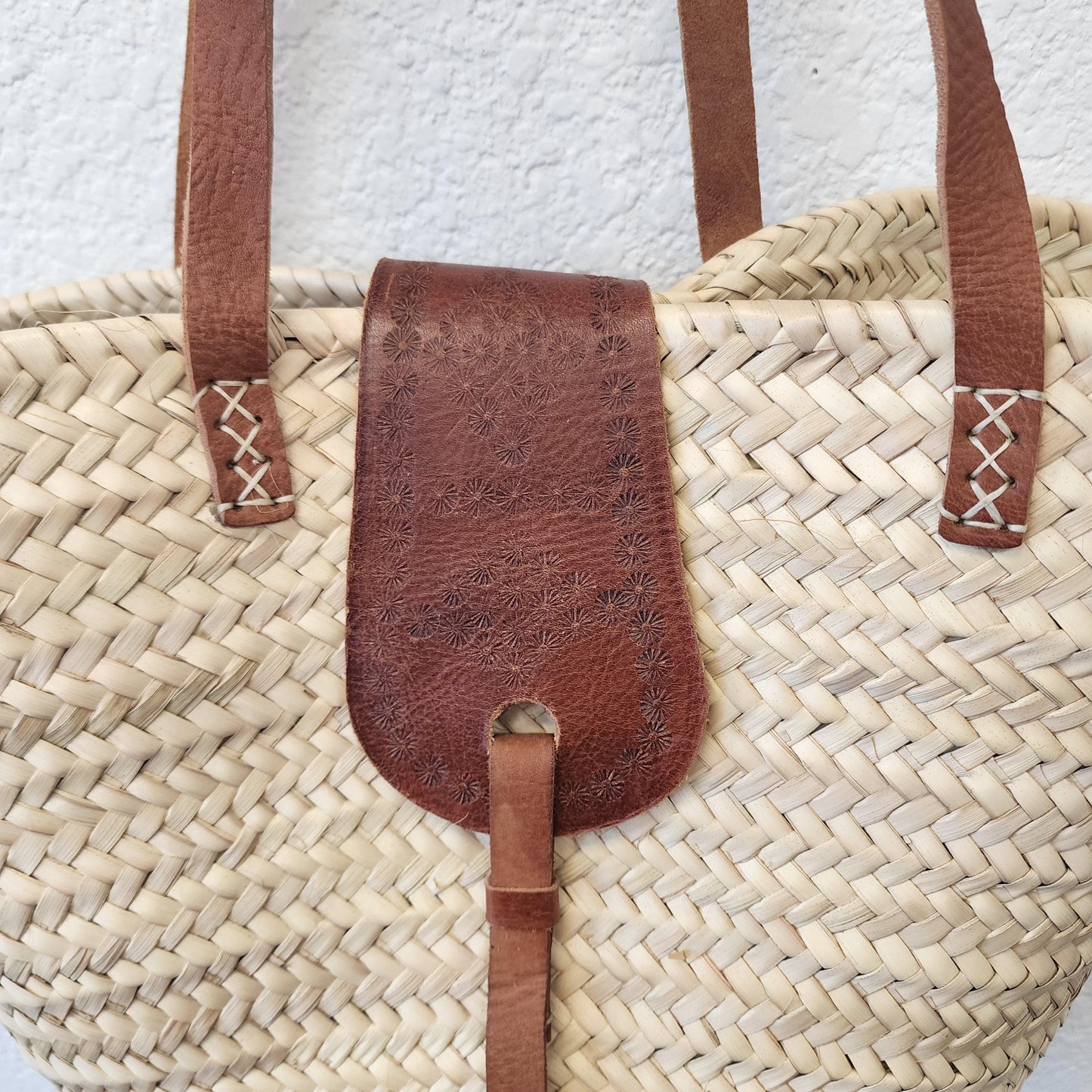 Handcrafted Moroccan Woven Market Basket with Leather Straps - Large Size Shopping Tote for Farmers Markets, French style market tote