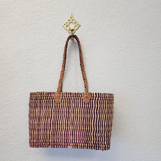 Vibrant Handwoven Moroccan Reed Basket - Essaouira Crafted Farmers Market Tote - African Shopping Carrier