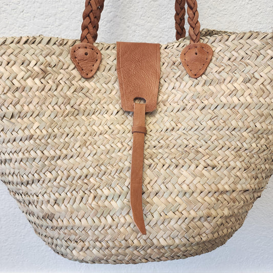 Handcrafted Moroccan Woven Market Basket with Leather Straps - Large Size Shopping Tote for Farmers Markets, French style market tote