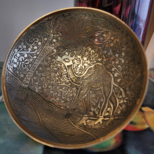 Vintage Moroccan Hand-Etched Brass Camel Bowl - Floral Catchall Decorative Dish