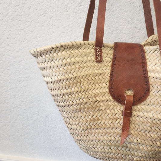Handcrafted Moroccan Woven Market Basket with Leather Straps - Large Size Shopping Tote for Farmers Markets, French style market tote
