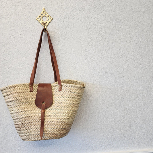 Handcrafted Moroccan Woven Market Basket with Leather Straps - Large Size Shopping Tote for Farmers Markets, French style market tote