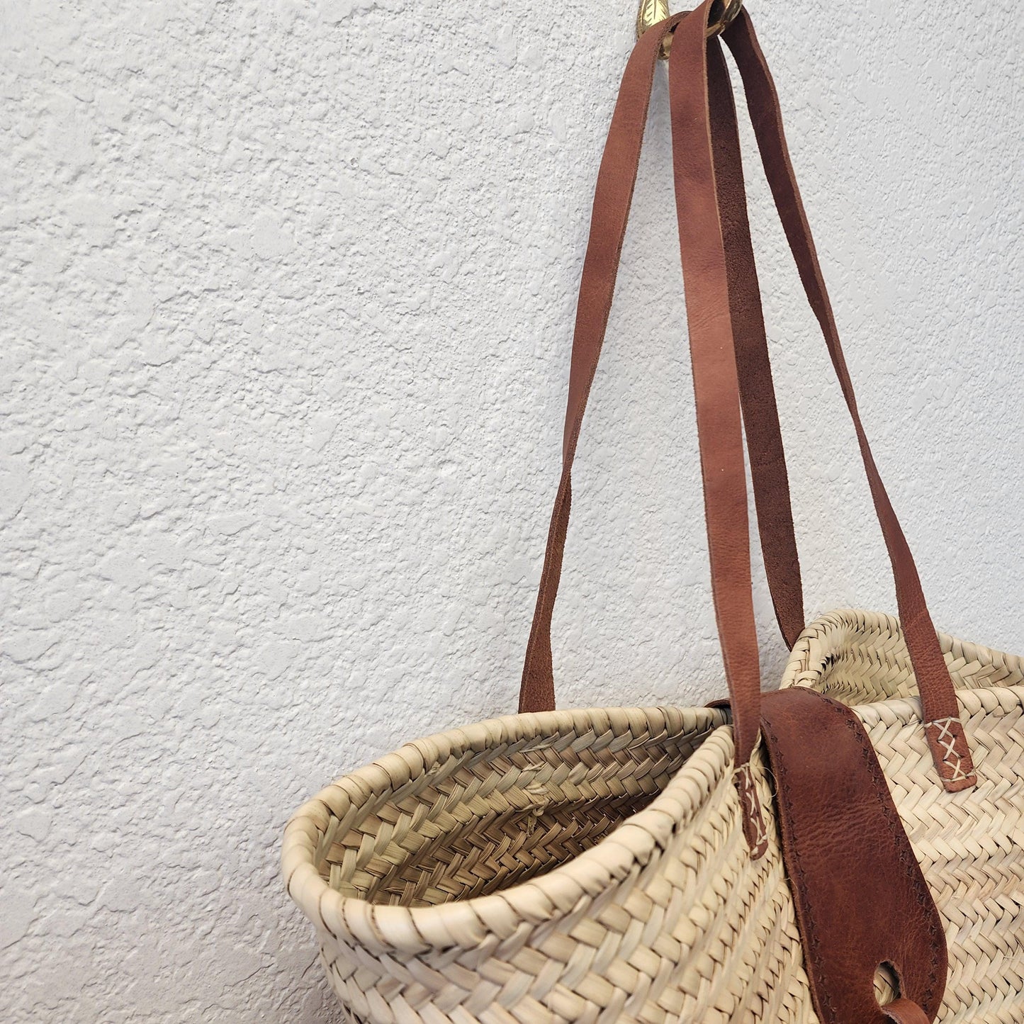 Handcrafted Moroccan Woven Market Basket with Leather Straps - Large Size Shopping Tote for Farmers Markets, French style market tote