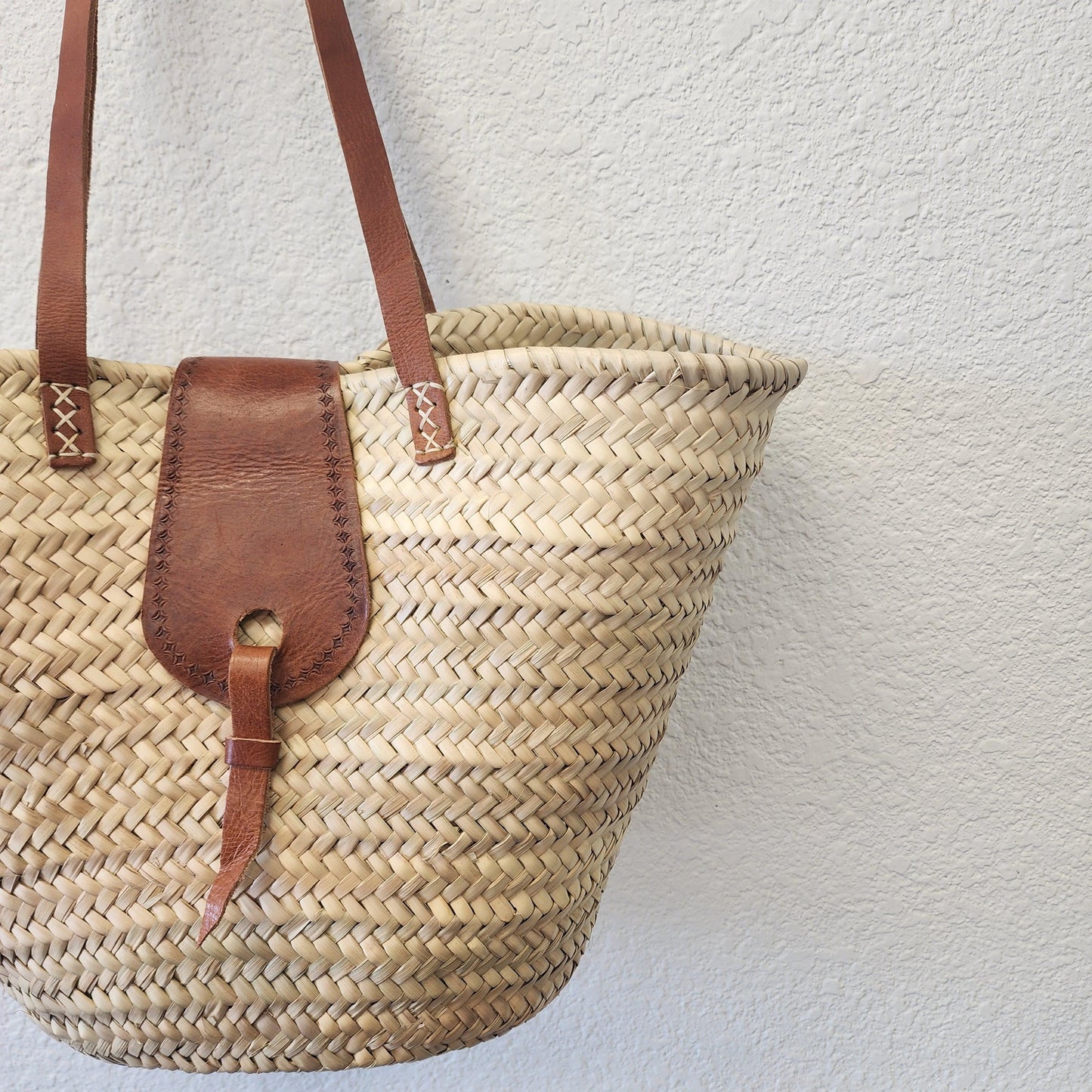 Handcrafted Moroccan Woven Market Basket with Leather Straps - Large Size Shopping Tote for Farmers Markets, French style market tote
