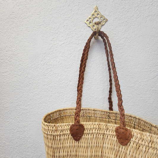 Handcrafted Moroccan Woven Market Basket with Leather Straps - Medium Size Shopping Tote for Farmers Markets, French style market tote