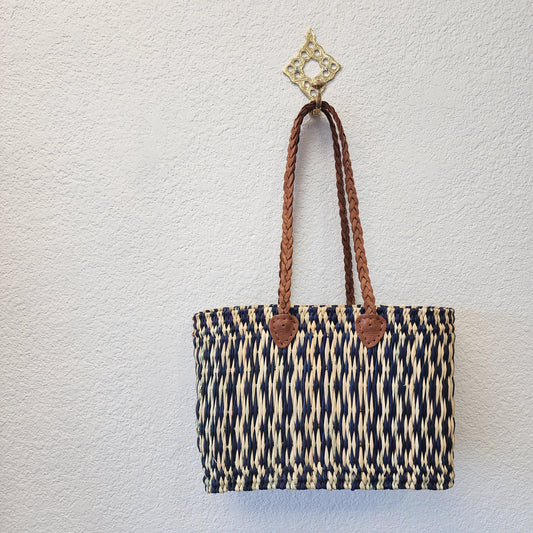 Vibrant Handwoven Moroccan Reed Basket - Essaouira Crafted Farmers Market Tote - African Shopping Carrier