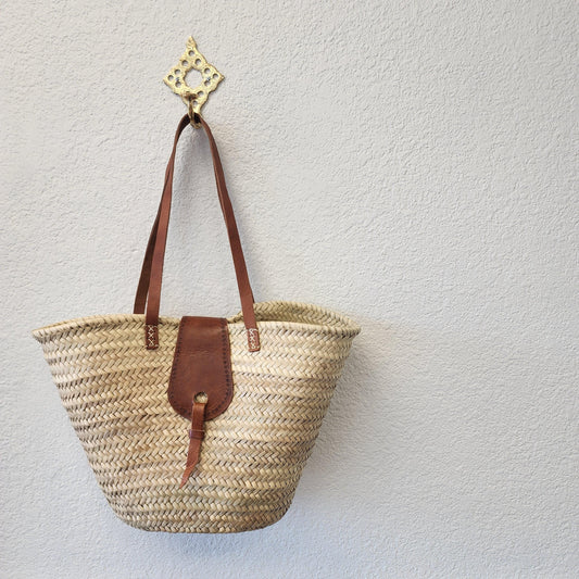 Handcrafted Moroccan Woven Market Basket with Leather Straps - Large Size Shopping Tote for Farmers Markets, French style market tote