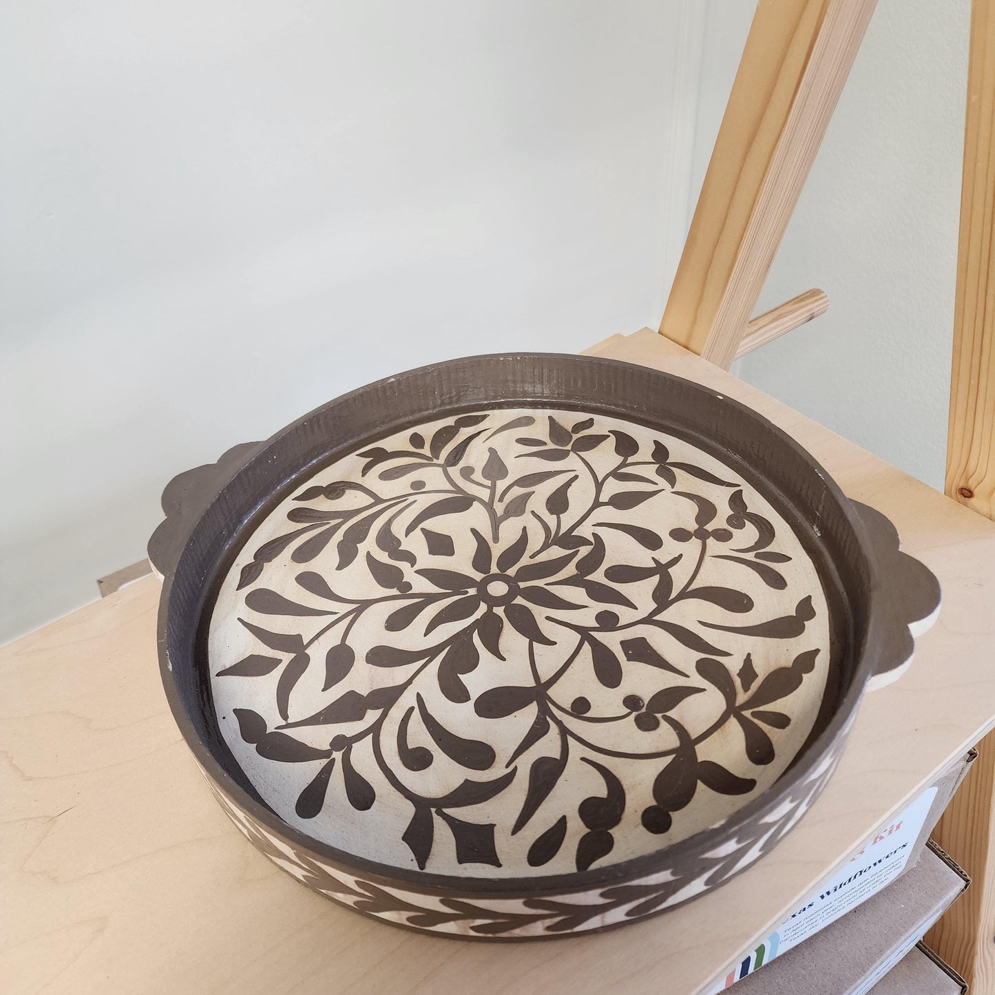 Handpainted Moroccan Floral Tray: Taupe Wooden Decorative Serving Platter, Artisan-Crafted Candle Holder