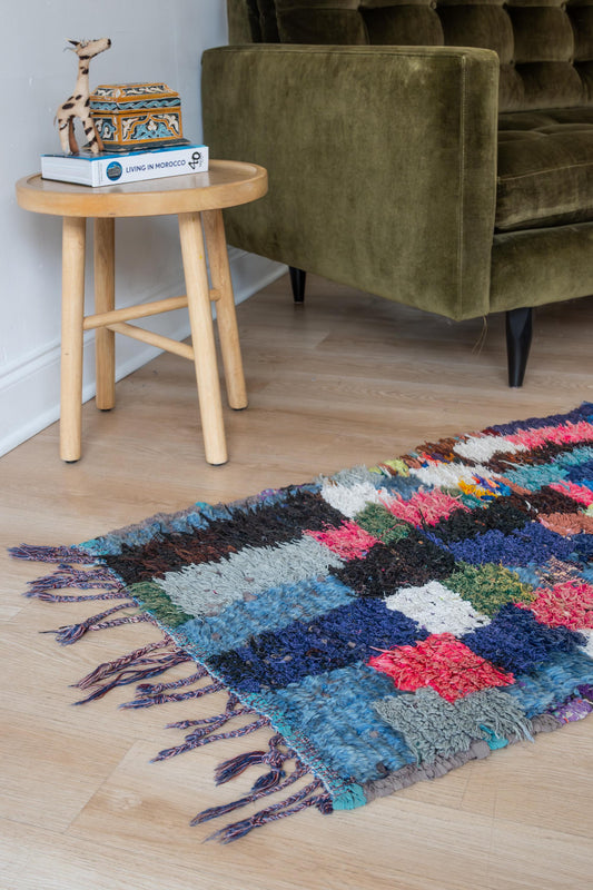 Vintage and vibrant Moroccan Boucherouite Accent Rug Runner: Handwoven Bohemian Floor Art for Eclectic Home Decor