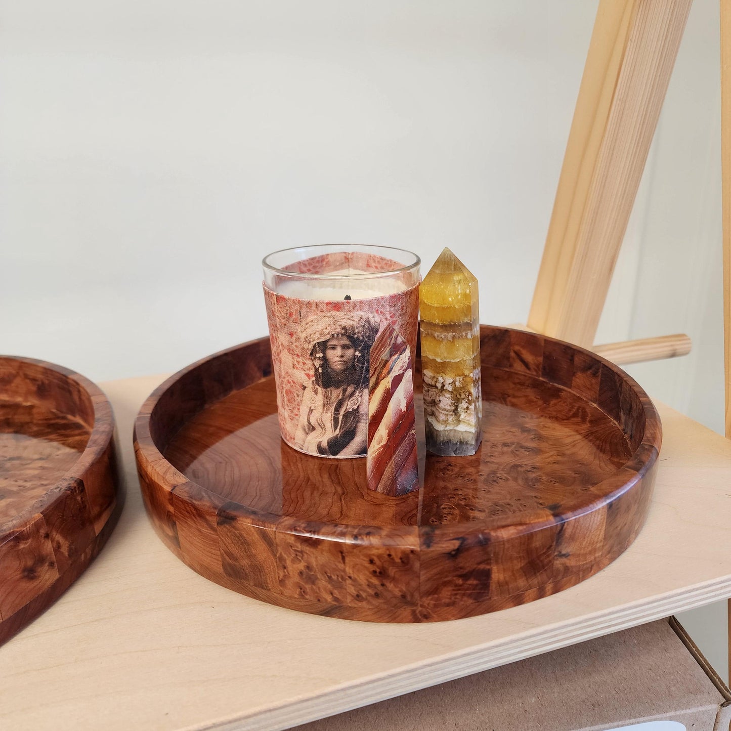 Handcrafted Moroccan Thuya Burl Wood Round Tray Set - Decorative Serving Platters for Home Decor