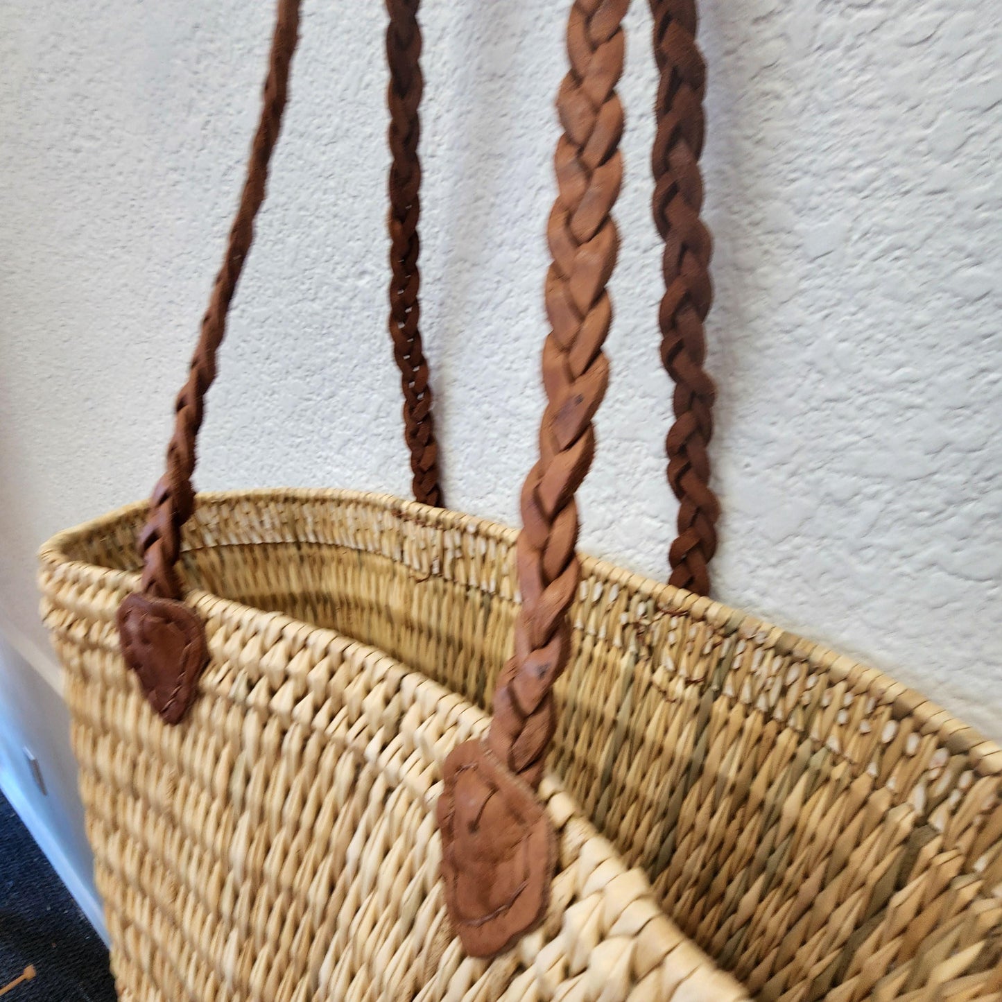 Handcrafted Moroccan Woven Market Basket with Leather Straps - Medium Size Shopping Tote for Farmers Markets, French style market tote