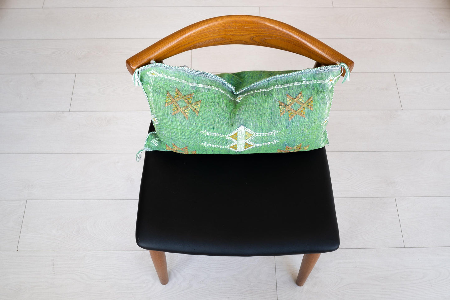 Green Cactus Silk Lumbar Pillow | Handwoven Moroccan Sabra Cushion | Boho Berber Decor