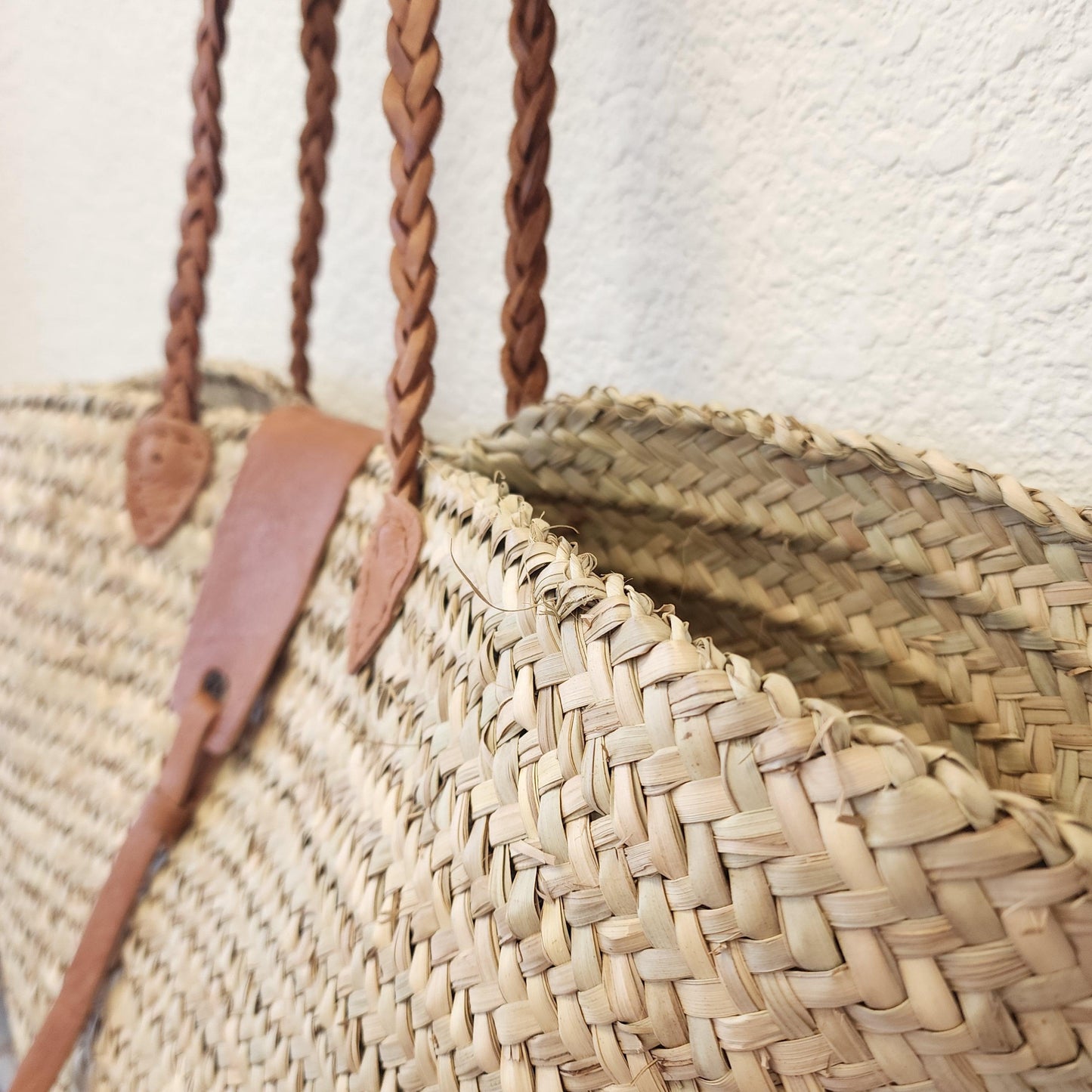 Handcrafted Moroccan Woven Market Basket with Leather Straps - Large Size Shopping Tote for Farmers Markets, French style market tote