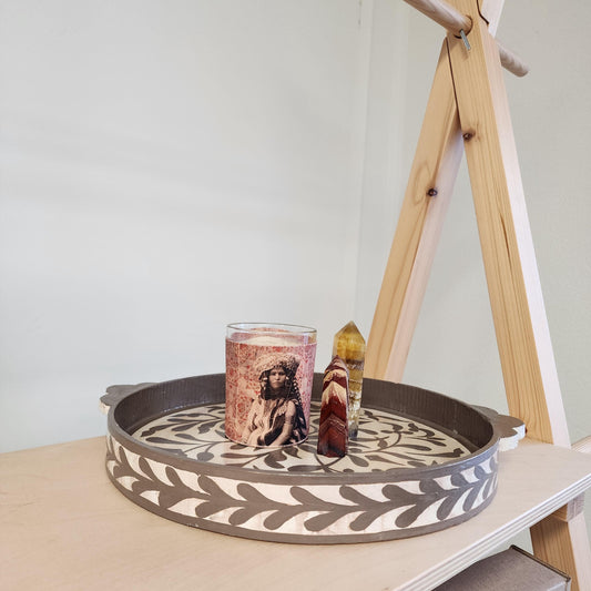 Handpainted Moroccan Floral Tray: Taupe Wooden Decorative Serving Platter, Artisan-Crafted Candle Holder