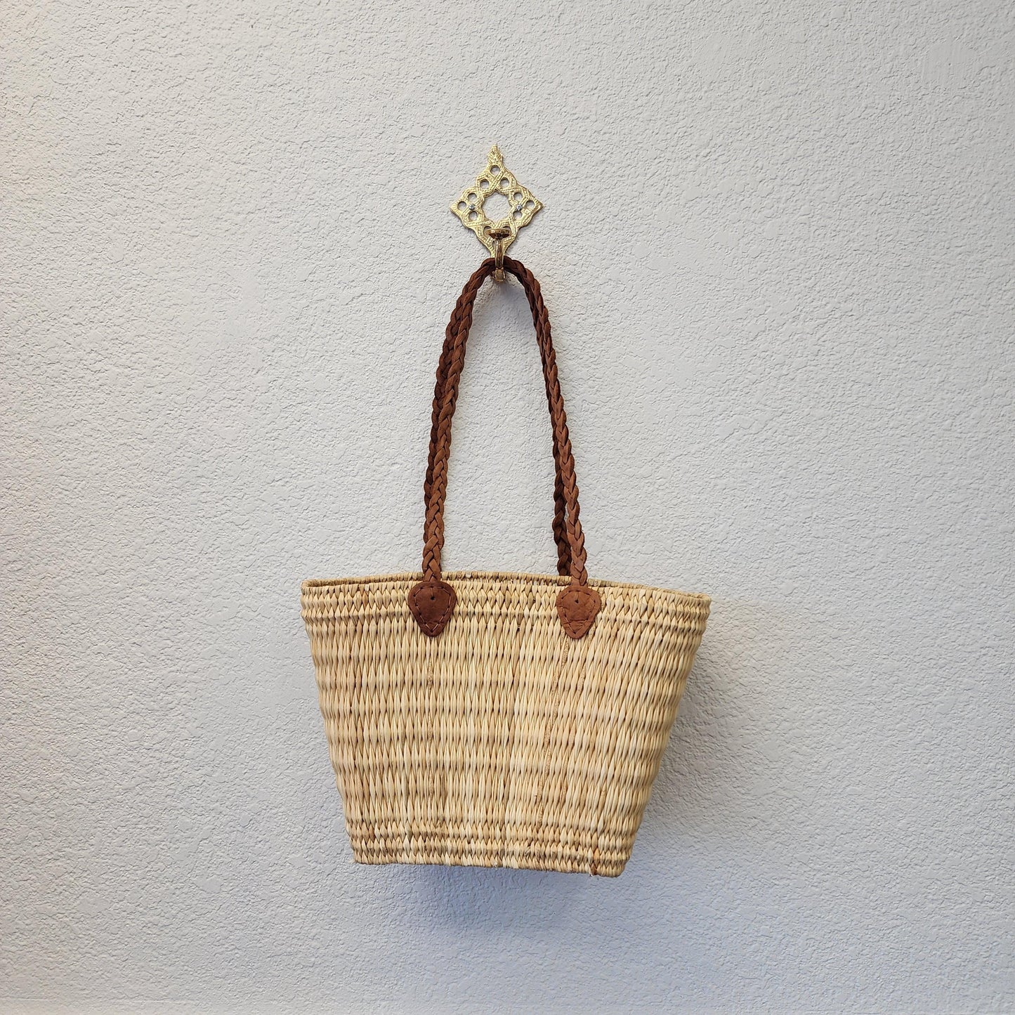 Handcrafted Moroccan Woven Market Basket with Leather Straps - Medium Size Shopping Tote for Farmers Markets, French style market tote