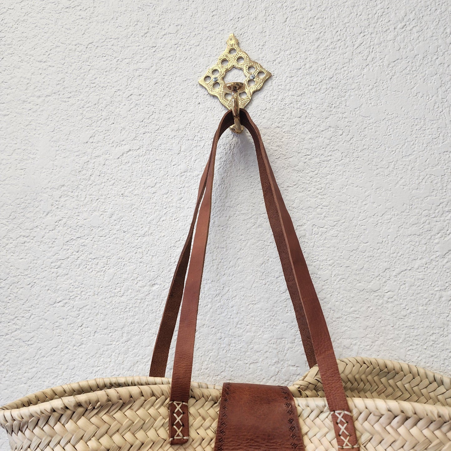 Handcrafted Moroccan Woven Market Basket with Leather Straps - Large Size Shopping Tote for Farmers Markets, French style market tote