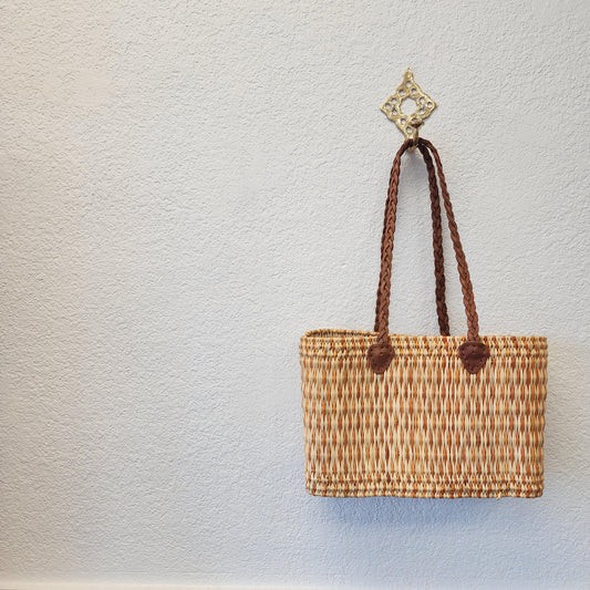 Vibrant Handwoven Moroccan Reed Basket - Essaouira Crafted Farmers Market Tote - African Shopping Carrier