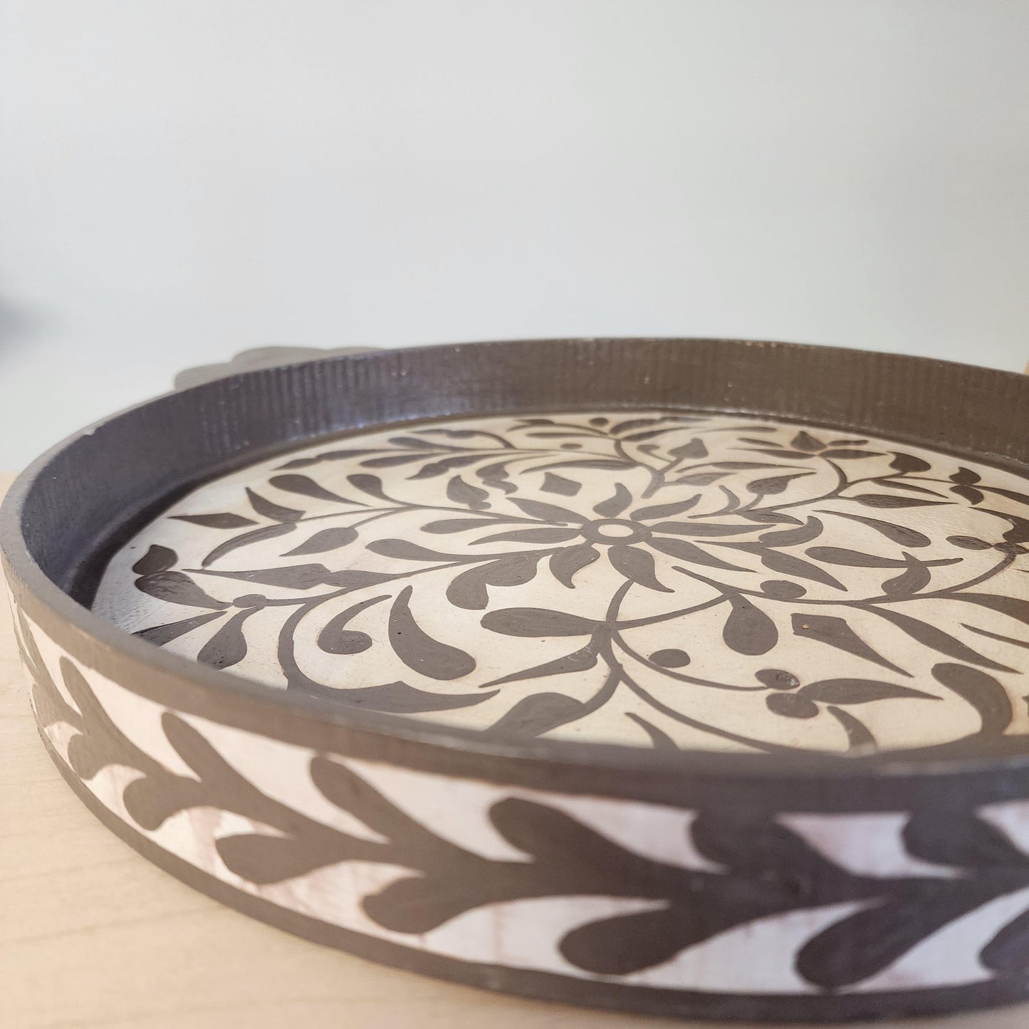 Handpainted Moroccan Floral Tray: Taupe Wooden Decorative Serving Platter, Artisan-Crafted Candle Holder