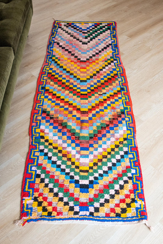Vintage Moroccan Checkered Rug Runner: Colorful, Handmade Geometric Pattern for Eclectic Interiors
