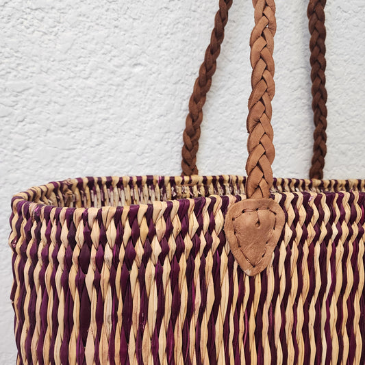 Vibrant Handwoven Moroccan Reed Basket - Essaouira Crafted Farmers Market Tote - African Shopping Carrier