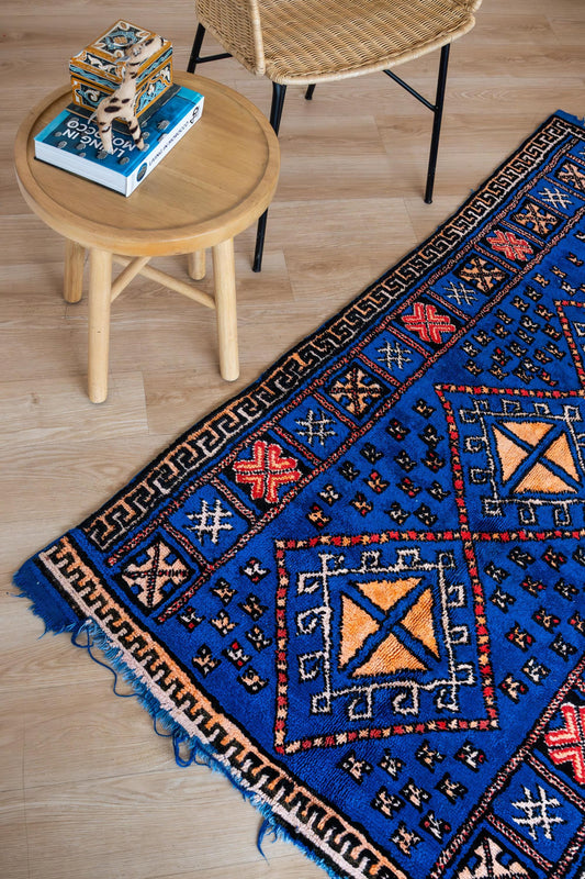 Authentic Vintage Moroccan Boujaad Rug: Blue Hand-Woven Wool Carpet for Bohemian Home Decor