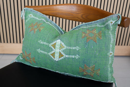 Green Cactus Silk Lumbar Pillow | Handwoven Moroccan Sabra Cushion | Boho Berber Decor