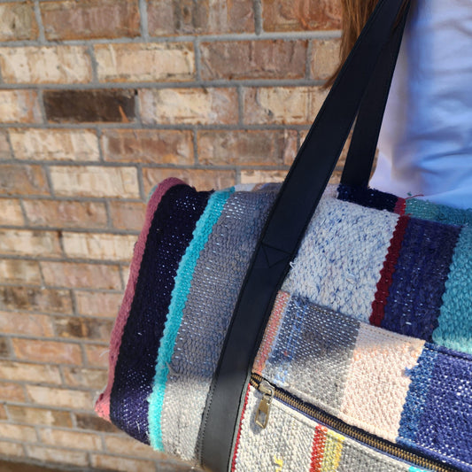 Vintage Moroccan Handwoven Blanket Duffle Bag - Upcycled Weekender Travel Luggage Tote