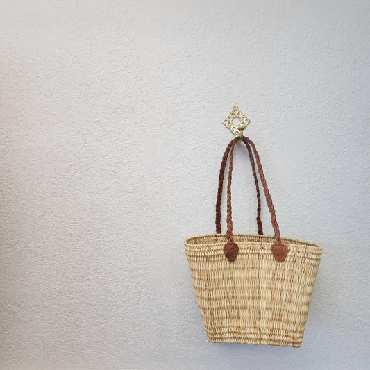 Handcrafted Moroccan Woven Market Basket with Leather Straps - Medium Size Shopping Tote for Farmers Markets, French style market tote