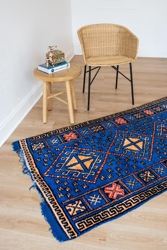 Authentic Vintage Moroccan Boujaad Rug: Blue Hand-Woven Wool Carpet for Bohemian Home Decor