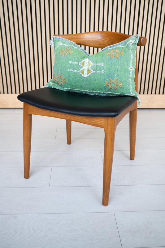 Green Cactus Silk Lumbar Pillow | Handwoven Moroccan Sabra Cushion | Boho Berber Decor