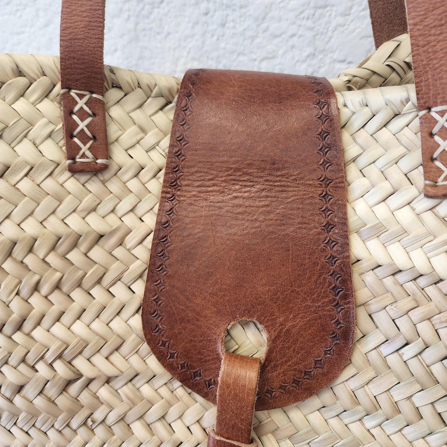 Handcrafted Moroccan Woven Market Basket with Leather Straps - Large Size Shopping Tote for Farmers Markets, French style market tote
