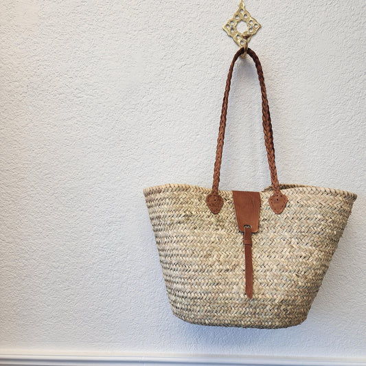 Handcrafted Moroccan Woven Market Basket with Leather Straps - Large Size Shopping Tote for Farmers Markets, French style market tote