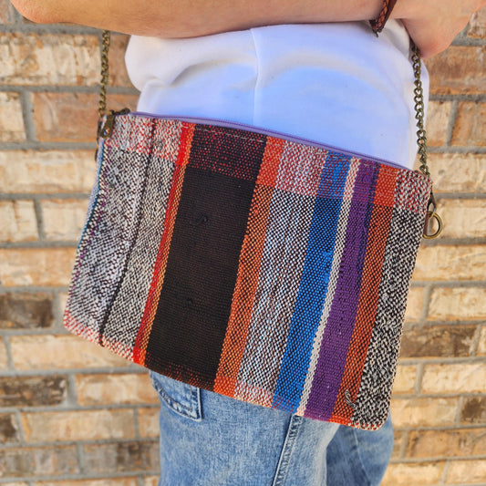 Upcycled Moroccan Blanket Crossbody Bag: Vintage Boho Chic Handbag with Bohemian Flair