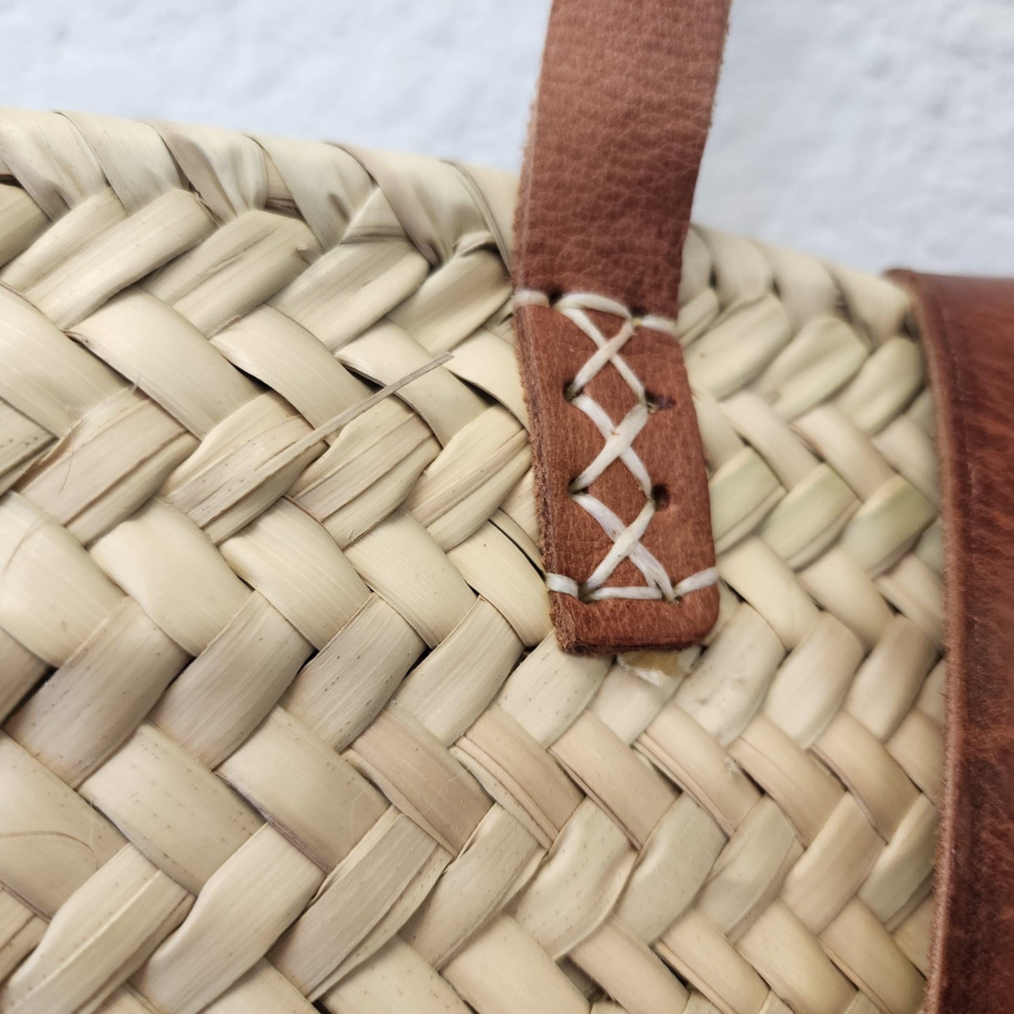 Handcrafted Moroccan Woven Market Basket with Leather Straps - Large Size Shopping Tote for Farmers Markets, French style market tote