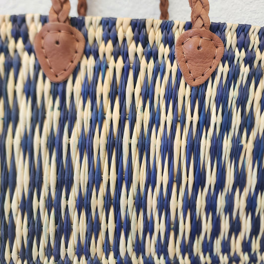 Vibrant Handwoven Moroccan Reed Basket - Essaouira Crafted Farmers Market Tote - African Shopping Carrier